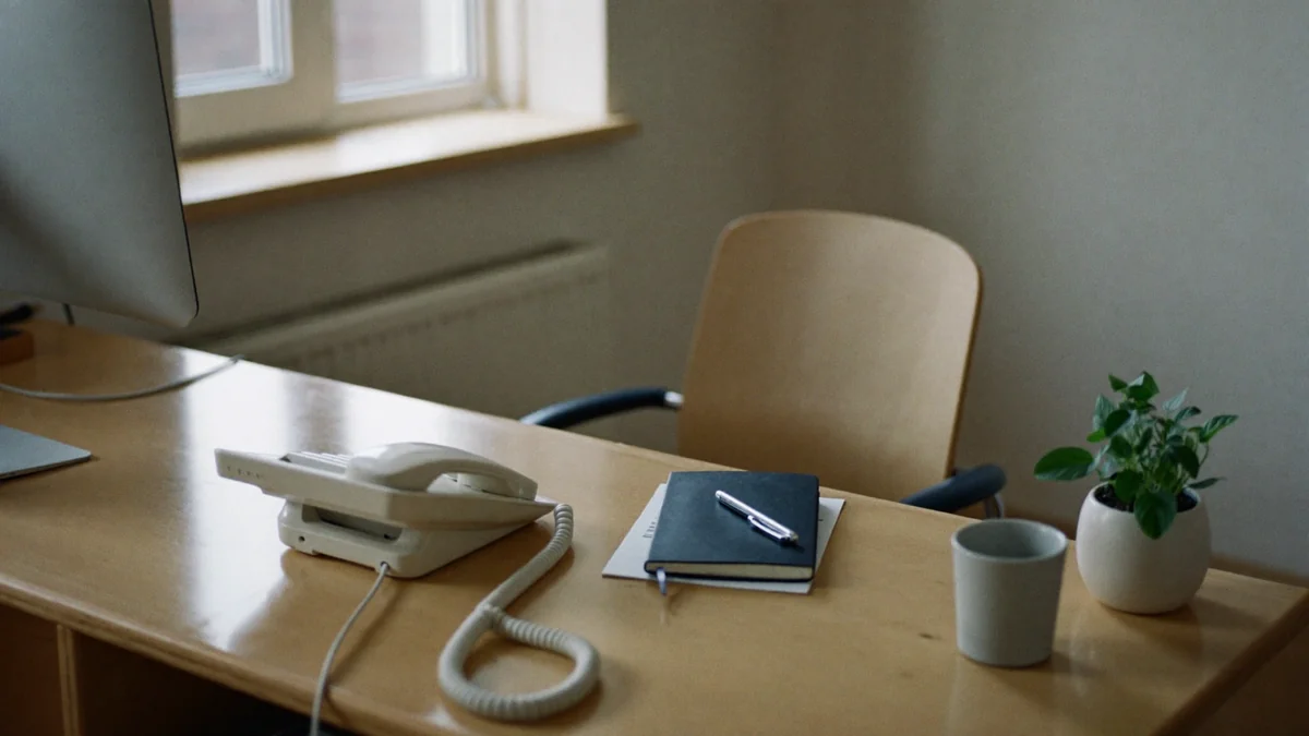 Een lege balie van een kleine praktijk, met een telefoon, een notitieboek en een plant op het bureau