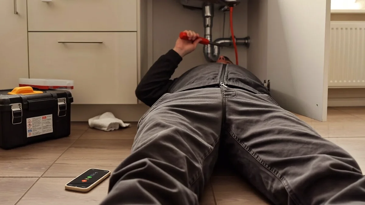 Een installateur ligt onder een aanrecht aan het werk, terwijl zijn telefoon naast hem op de vloer overgaat