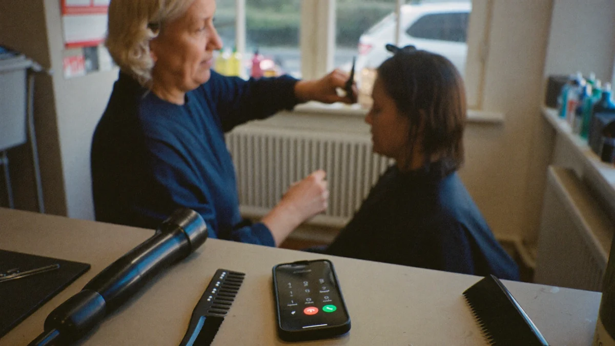 Een kapster knipt een klant, terwijl op de toonbank haar telefoon overgaat